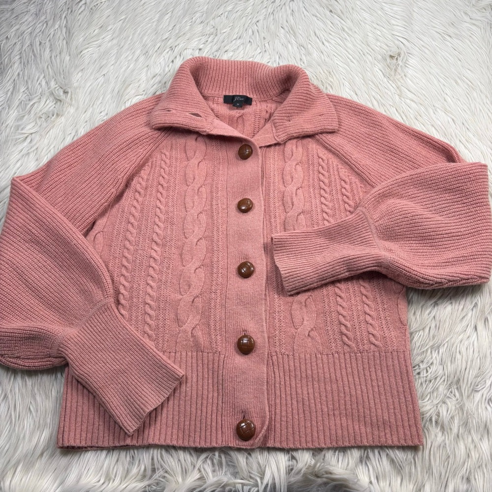 J.Crew Women's M Pink Balloon Sleeve Cable Knit Cardigan Cottagecore Preppy